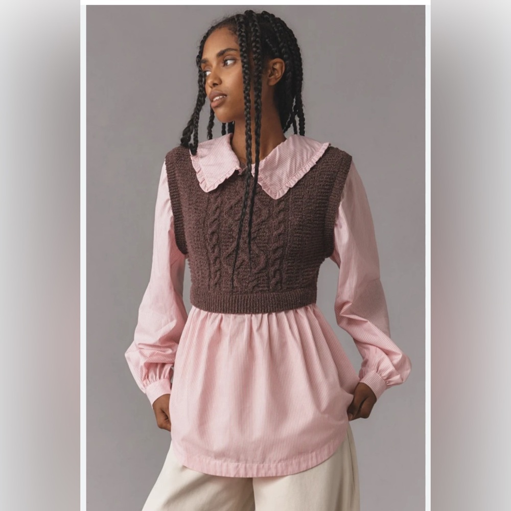 NWT For Anthropologie Maeve Collared Twofer Layered Sweater Vest